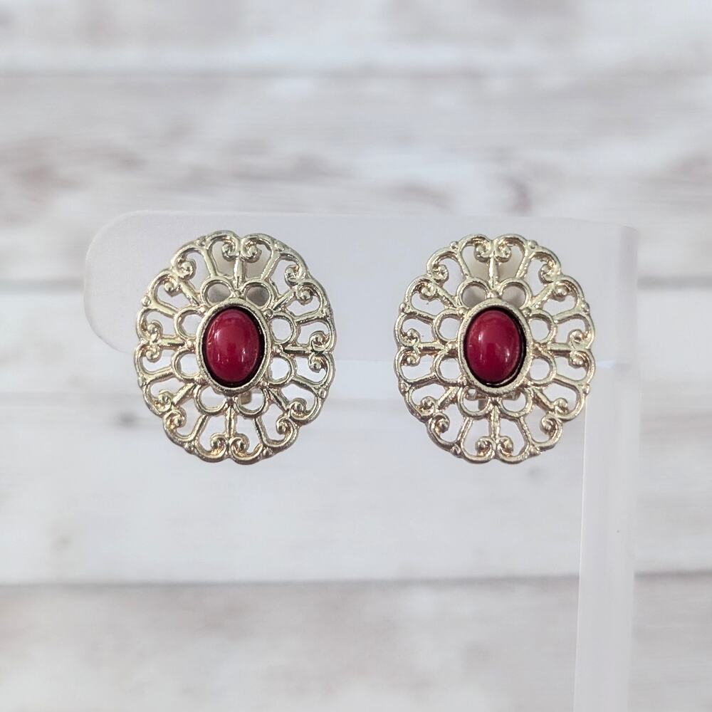 Vintage Clip On Earrings Large Ornate Gold Tone with Red Center Statement